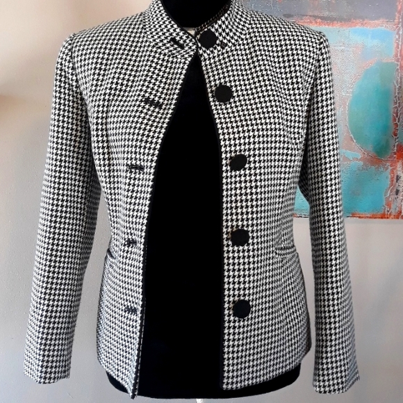 Vintage Petite Sophisticate Button Front Houndstooth Blazer Black/ White Size 8P - Picture 10 of 11